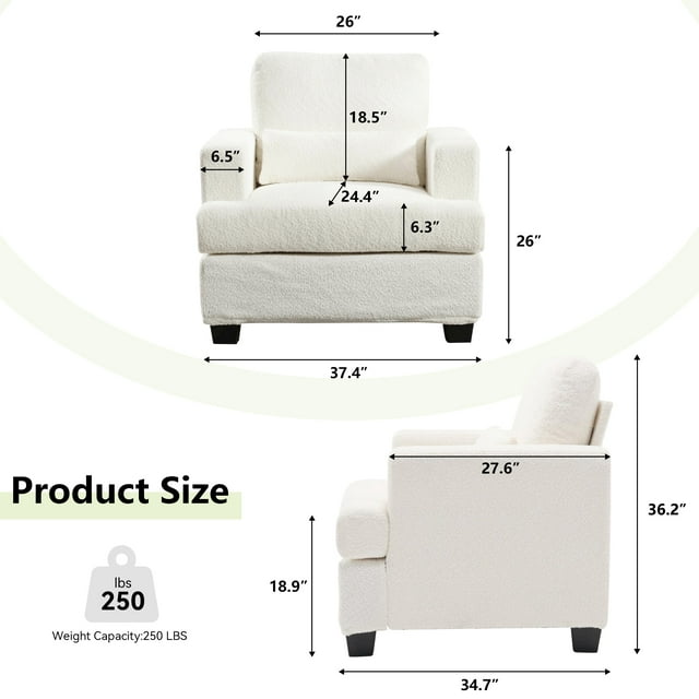 Muumblus Modern Single Sofa Chair, 37" Small Couch with 1 Waist Pillow, Removable Back Cushion, Living Room Set, White Fabric