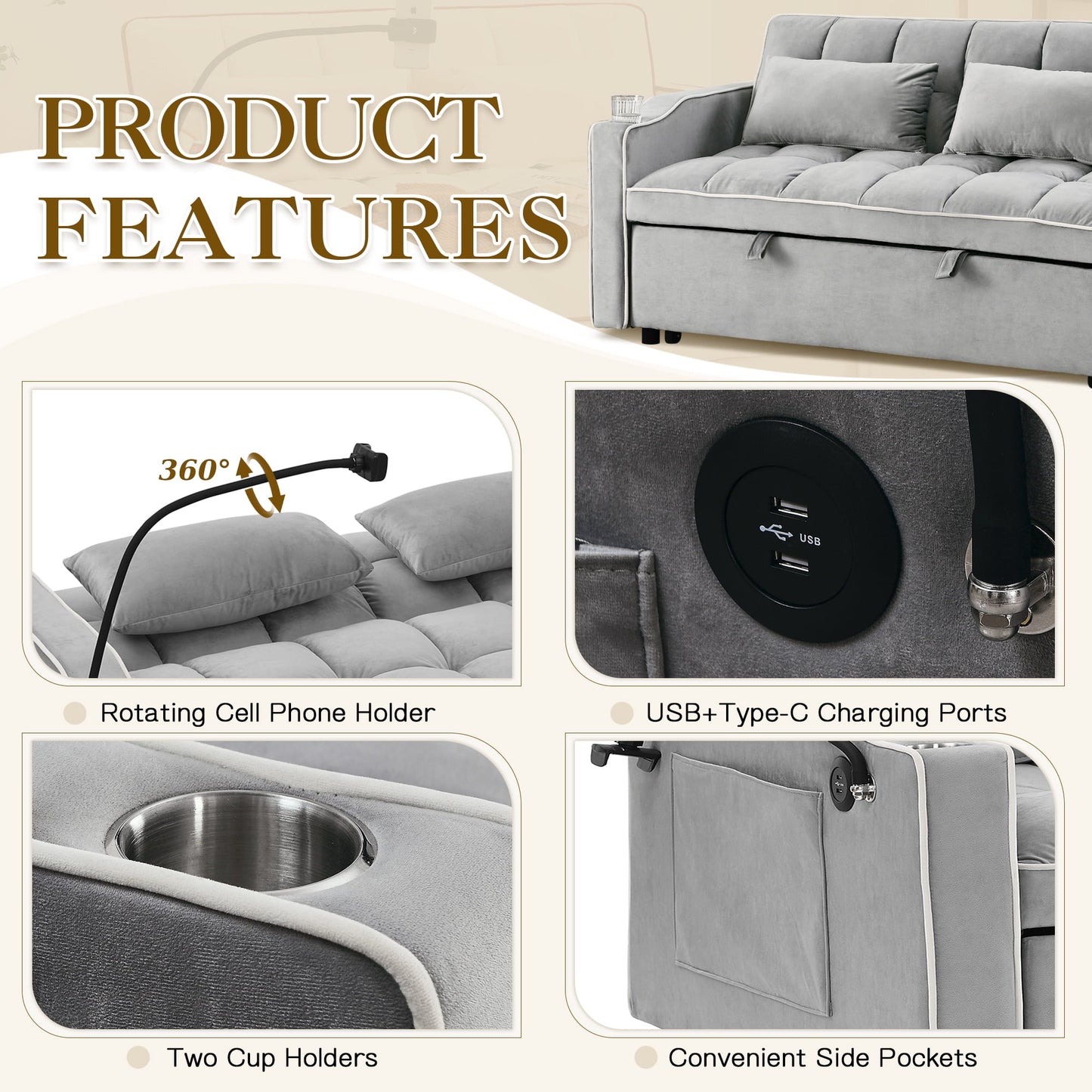 Muumblus 3-in-1 Convertible Futon Sofa Bed, Loveseat Sleeper with Phone Stand, USB, Gray Velvet
