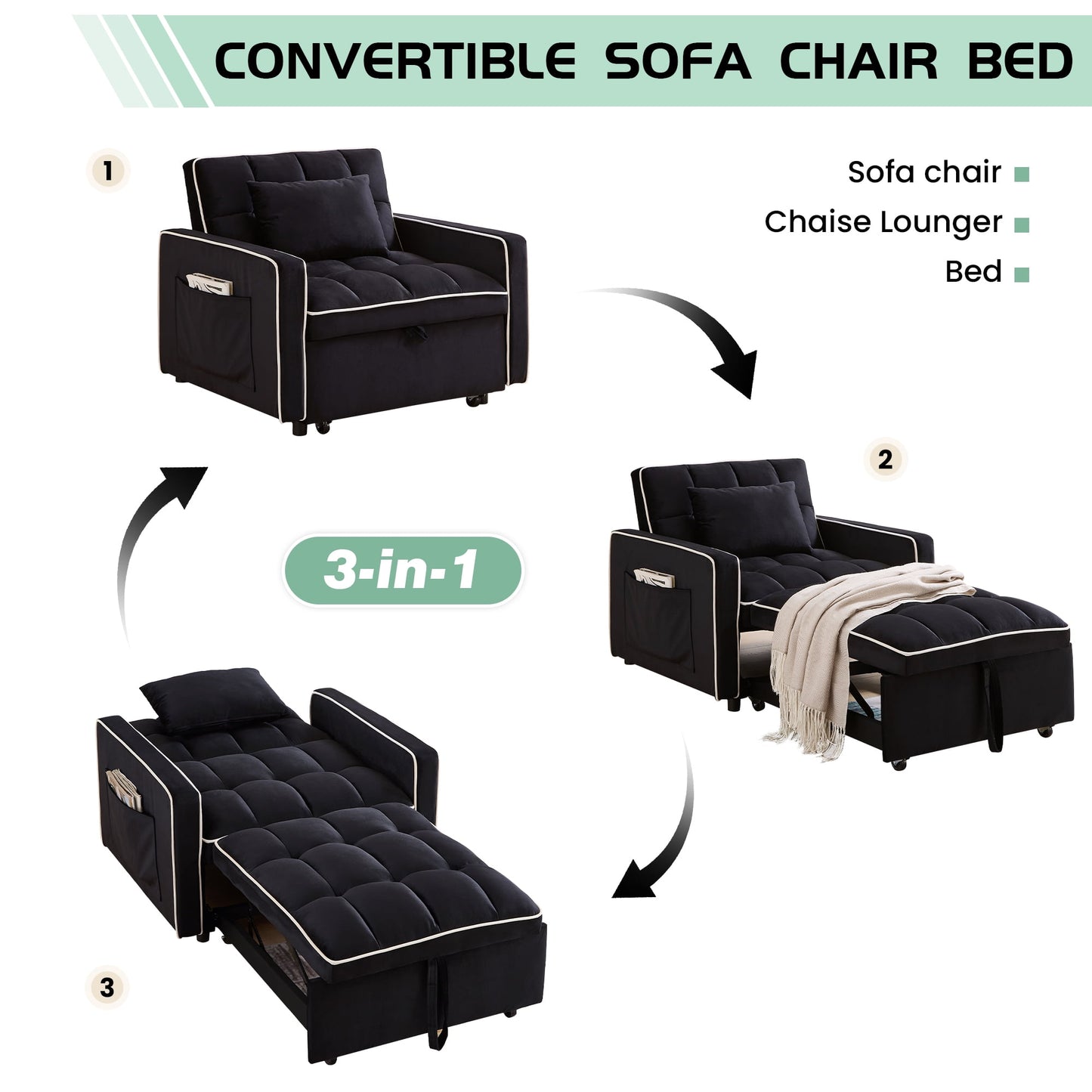 Muumblus 3-in-1 Convertible Chair Bed, Sleeper Chair Lounge Chair Indoor, Modern Single Pull Out Couch for Living Room, Black Velvet