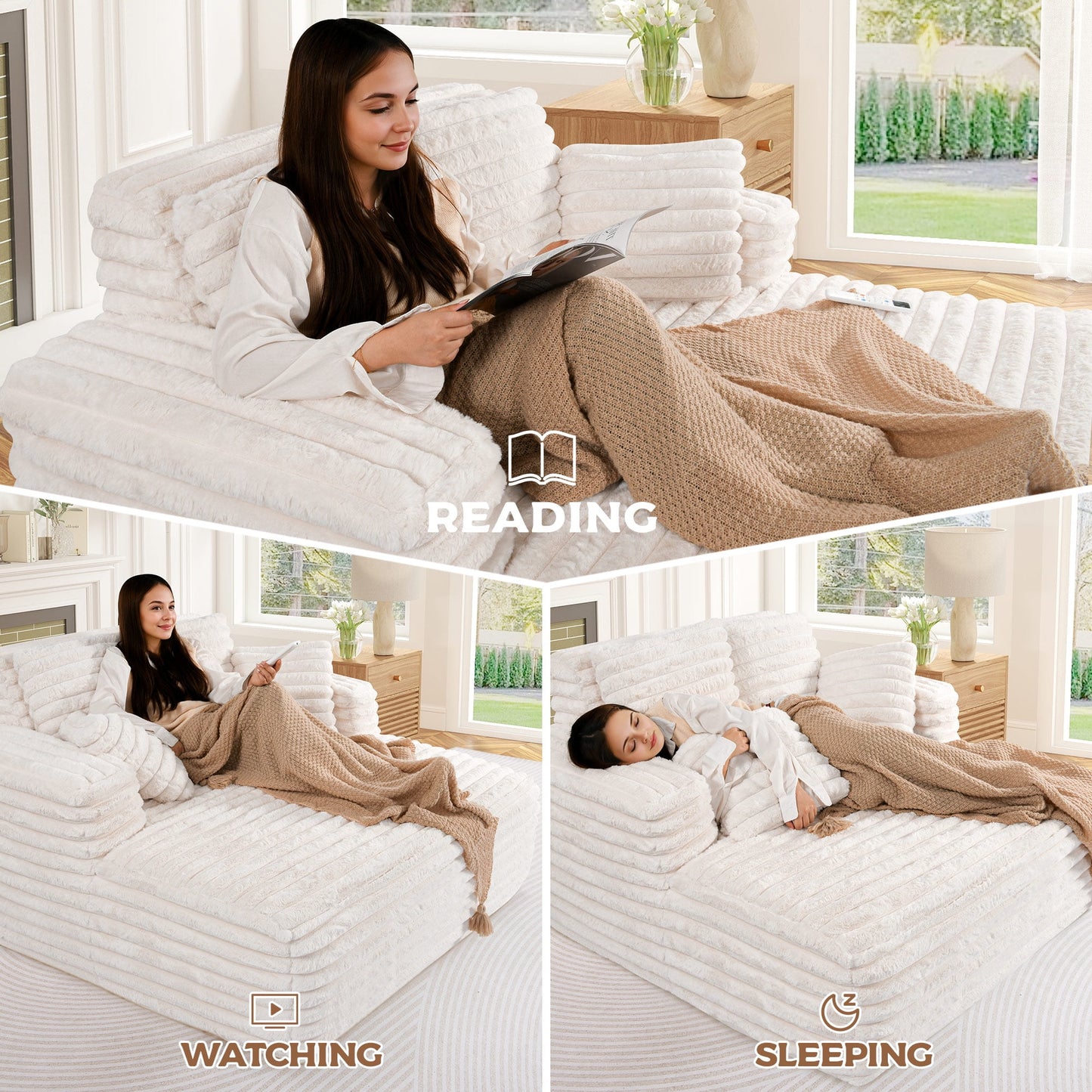 Muumblus Oversized Chaise Lounge Chair Indoor Furniture, No Assembly Required, Plush Corduroy Upholstered Sofa Bed Cozy Sleeper Couch for Living Room, Bedroom