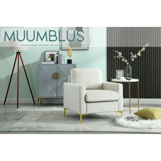 Muumblus Modern Accent Chair, Upholstered Single Sofa Chair Club Arm Chair for Living Room, Comfy Armchair with Metal Legs, Tufted Chair for Reading, Beige Velvet