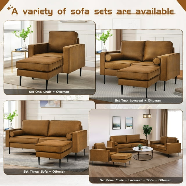 Muumblus Mid-Century Ottoman for Living Room, Foot Stool in Brown Faux Leather