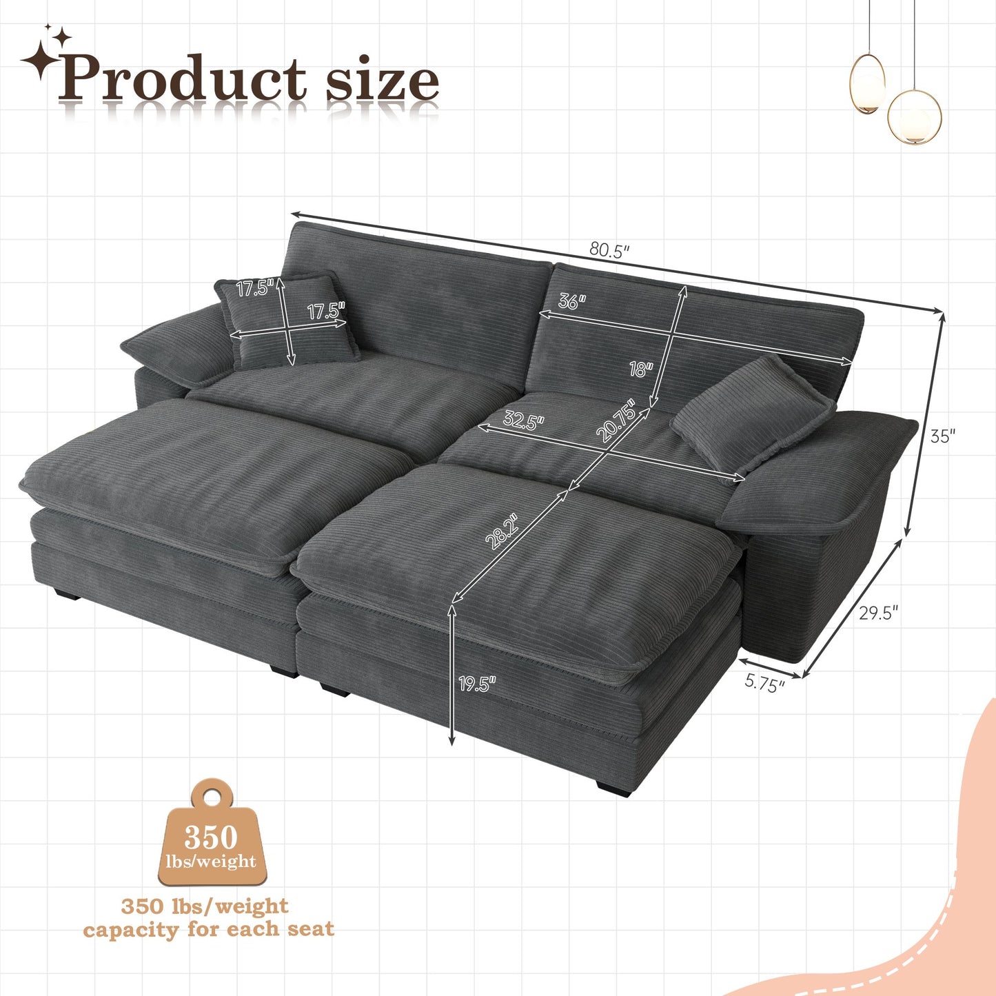 Muumblus Corduroy Comfy Sectional Sofa with 2 Ottoman, Modern Deep Seat Lounge Couch for Living Room