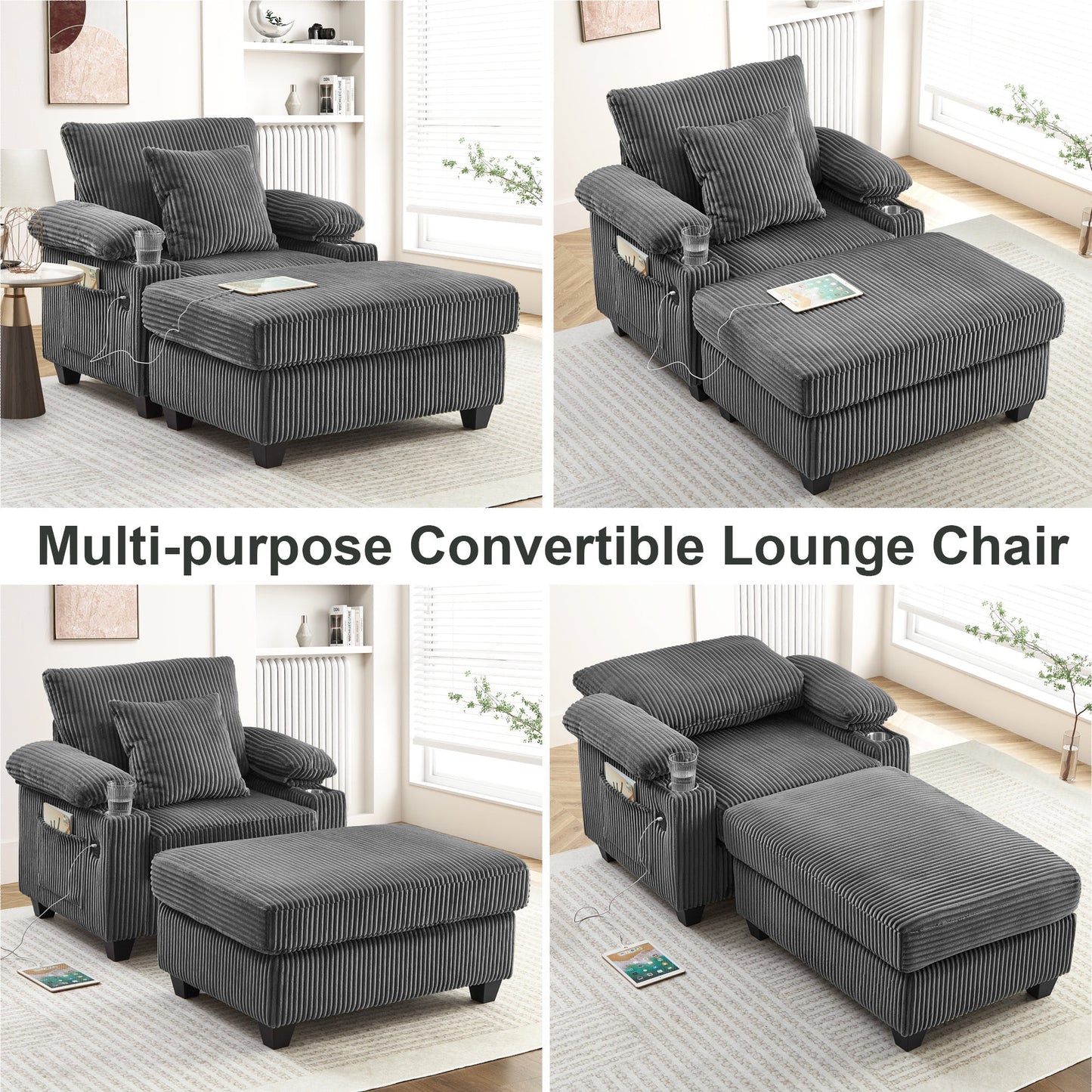 Muumblus Living Room Chair with Ottoman, 7-Speed Adjustable Backrest, USB & Storage Arms, Cozy Indoor Corduroy Lounge Armchair