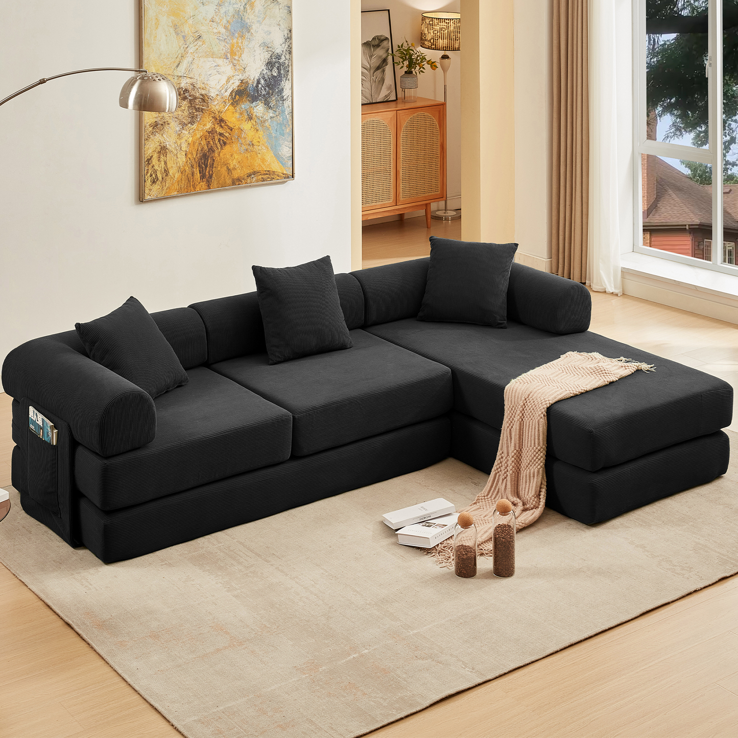 Muumblus L-Shape Convertible Floor Sofa Bed, Comfy Foldable Modular Sleeper Sectional Couch for Living Room, Bedroom