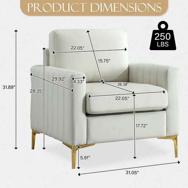 Muumblus Modern Accent Chair, Upholstered Single Sofa Chair Club Arm Chair for Living Room, Comfy Armchair with Metal Legs, Tufted Chair for Reading, Beige Velvet