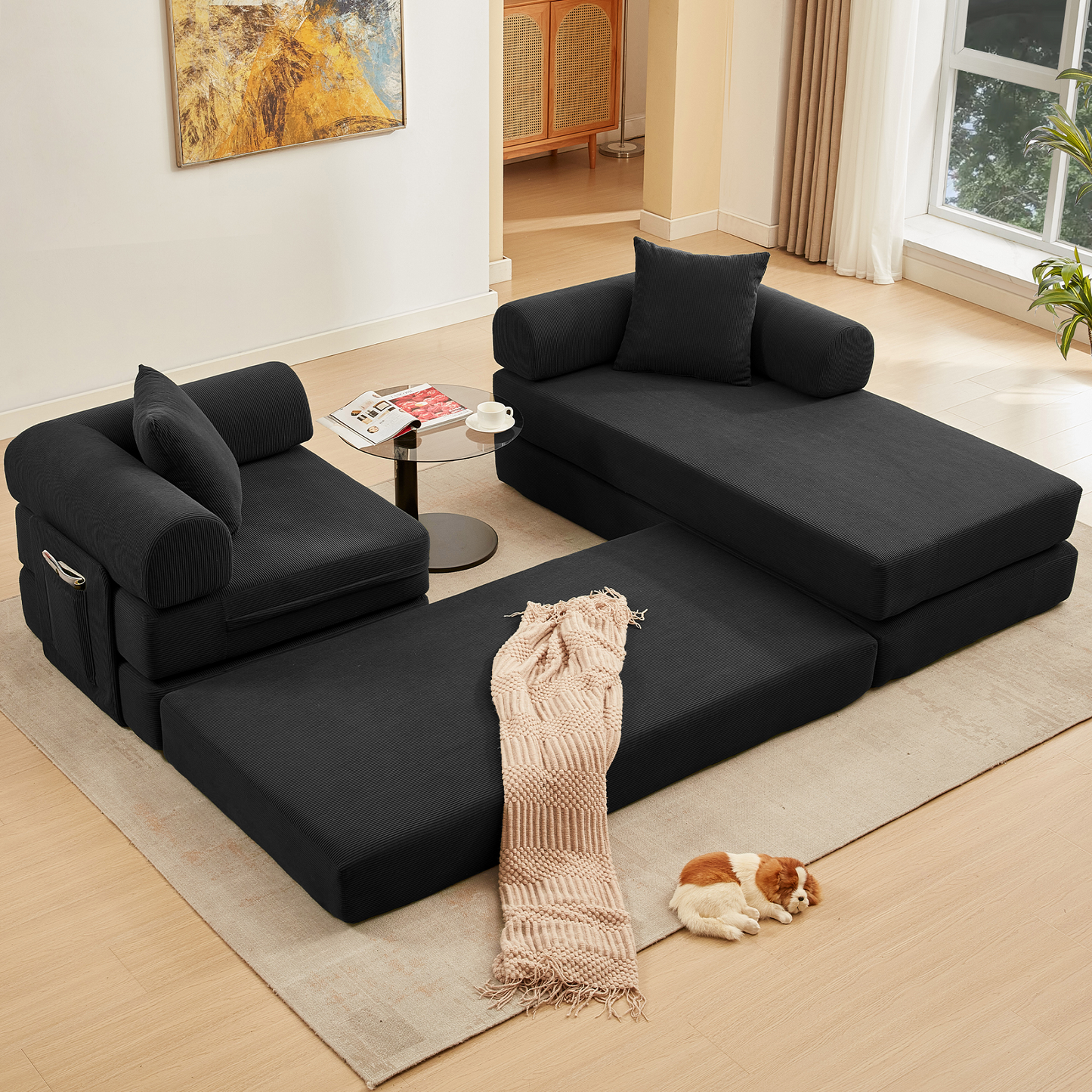 Muumblus L-Shape Convertible Floor Sofa Bed, Comfy Foldable Modular Sleeper Sectional Couch for Living Room, Bedroom