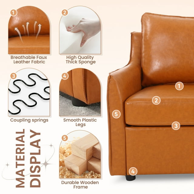Muumblus 80.7" Modern Mid-Century Faux Leather Reversible Sectional L-Shaped Sofa for Living Room, Brown