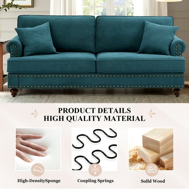 Muumblus Mid-Century Upholstered Sofa Couch, 3 Seater Sofa with Nailhead, 82" Chenille Living Room Sofa, Lake Green