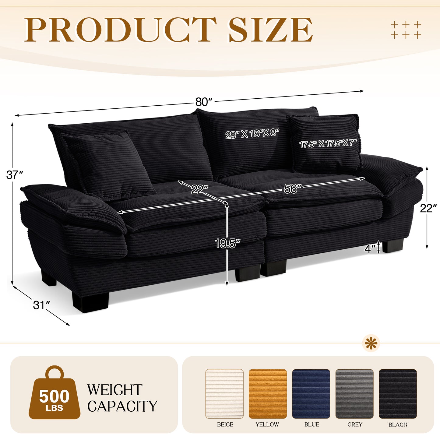 Muumblus 80"L Corduroy Deep Seat Sofa, Upholstered 3-Seater Sleeper Couch for Living Room, Black
