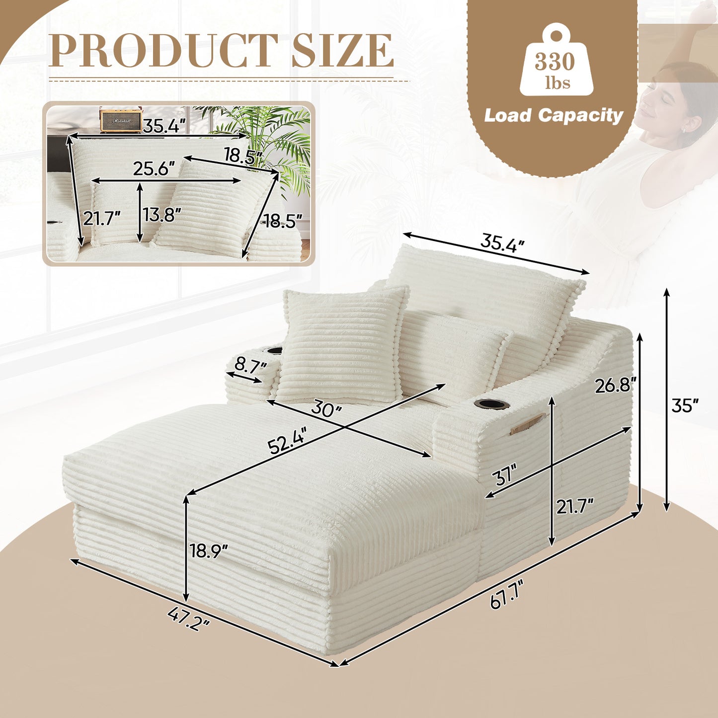 Muumblus Indoor Chaise Lounge with Cup Holders, No Assembly Required, Oversized Upholstered Lounge Chair Sofa Bed for Living Room, Bedroom, Apt., Beige Corduroy