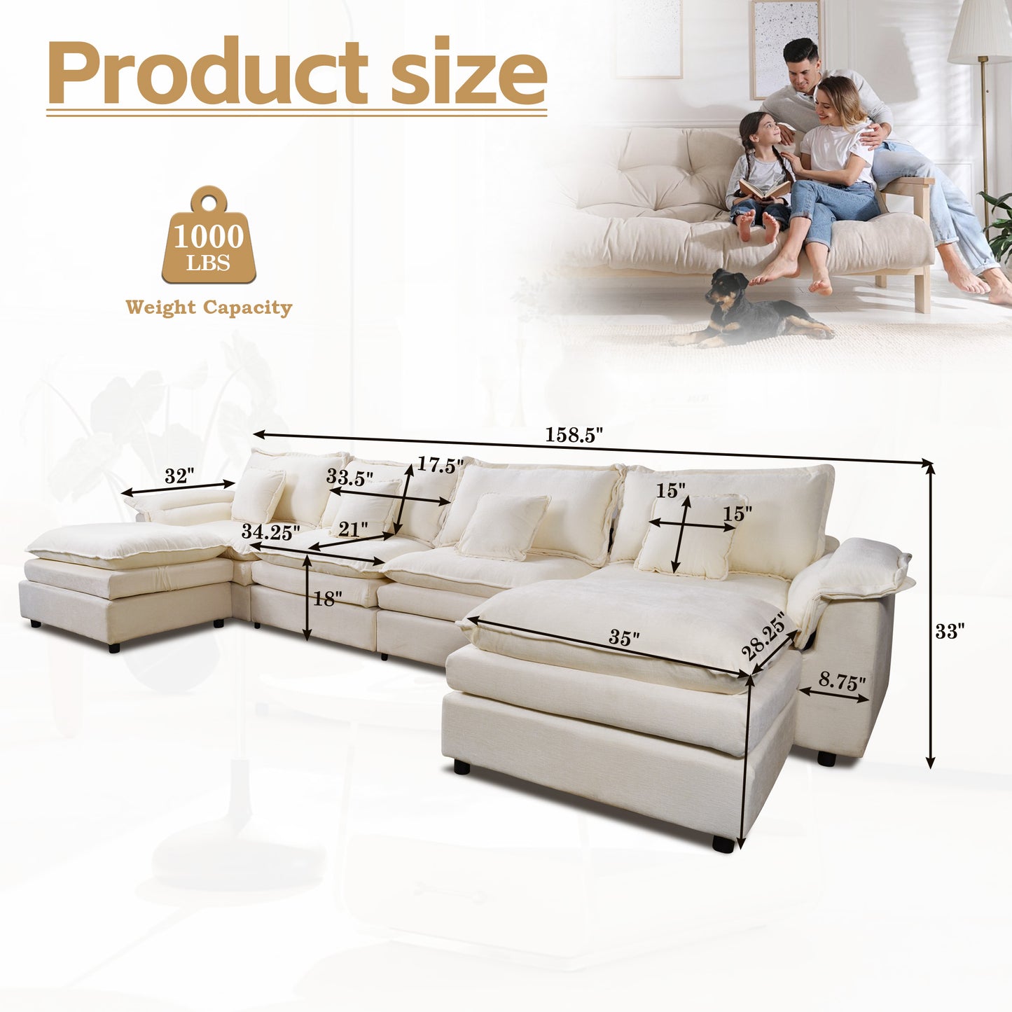 Muumblus Modular Sectional Sofa with Ottoman, Teddy Indoor Sleeper Furniture Set with Oversized Seats