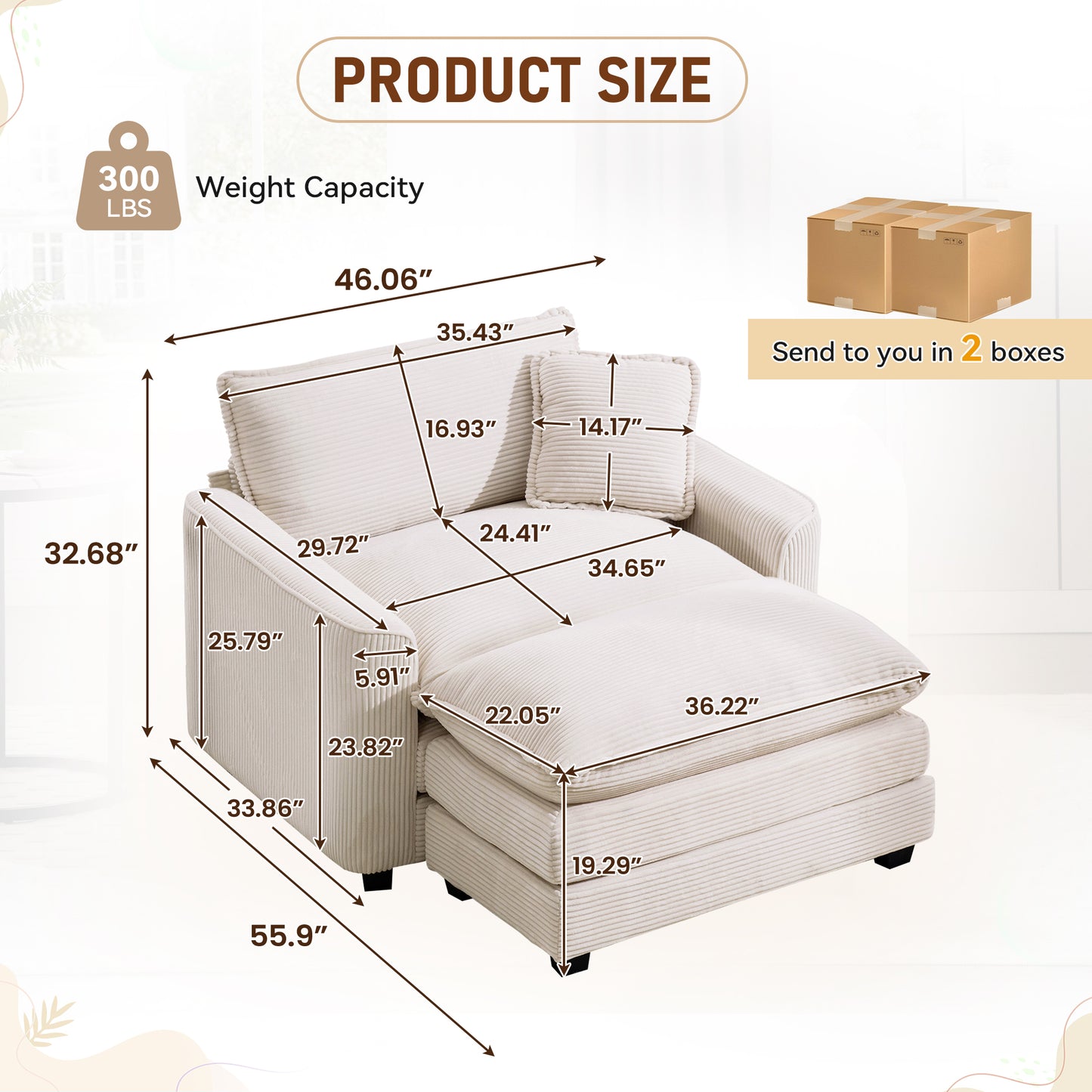 Muumblus 46" Indoor Lounge Chair with Ottoman, Corduroy Cozy Accent Armchair for Living Room, Beige