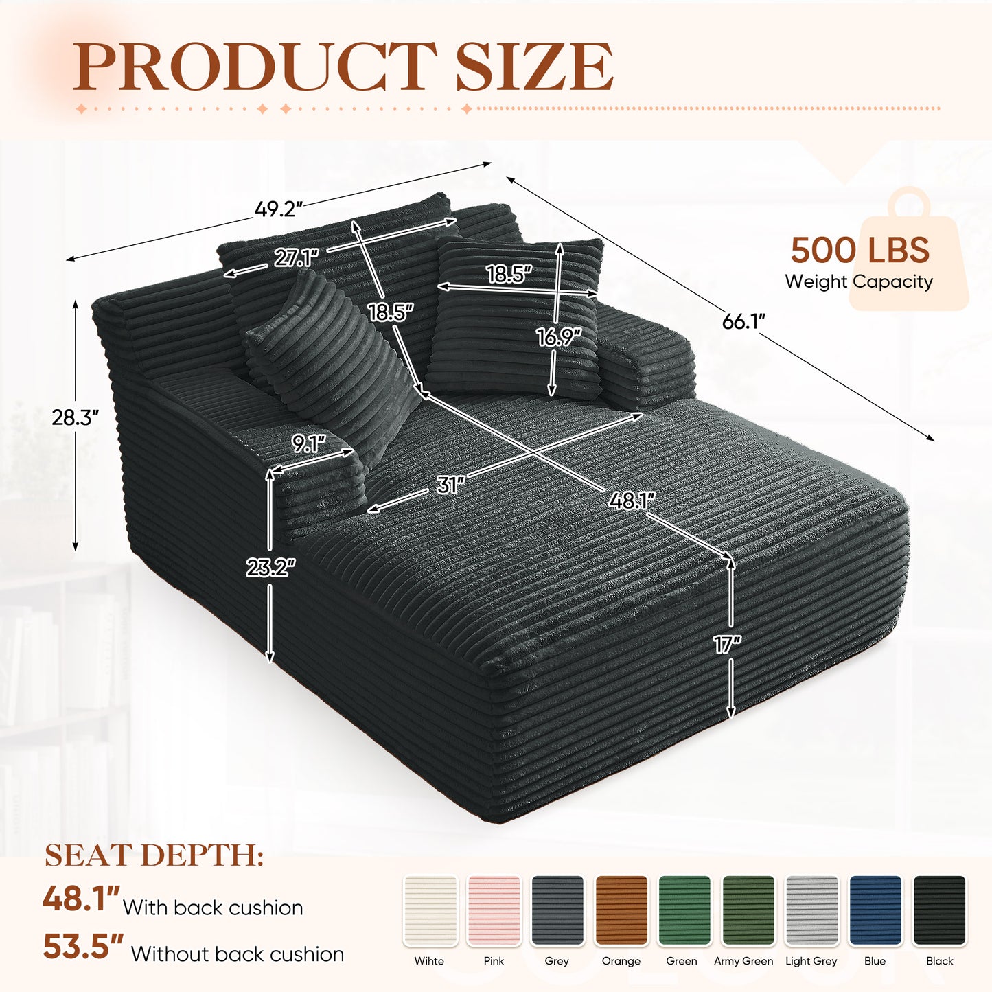 Muumblus Oversized Chaise Lounge Chiar Indoor Furniture, No Assembly Required, Plush Corduroy Upholstered Sofa Bed Cozy Sleeper Couch for Living Room, Bedroom