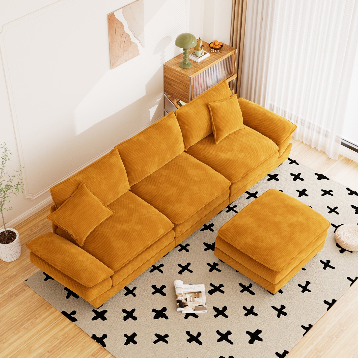 Muumblus 108" Modular Sectional Sofa with Ottoman, L-Shaped Couch with Chaise, Corduroy Sleeper Couch for Living Room, Black