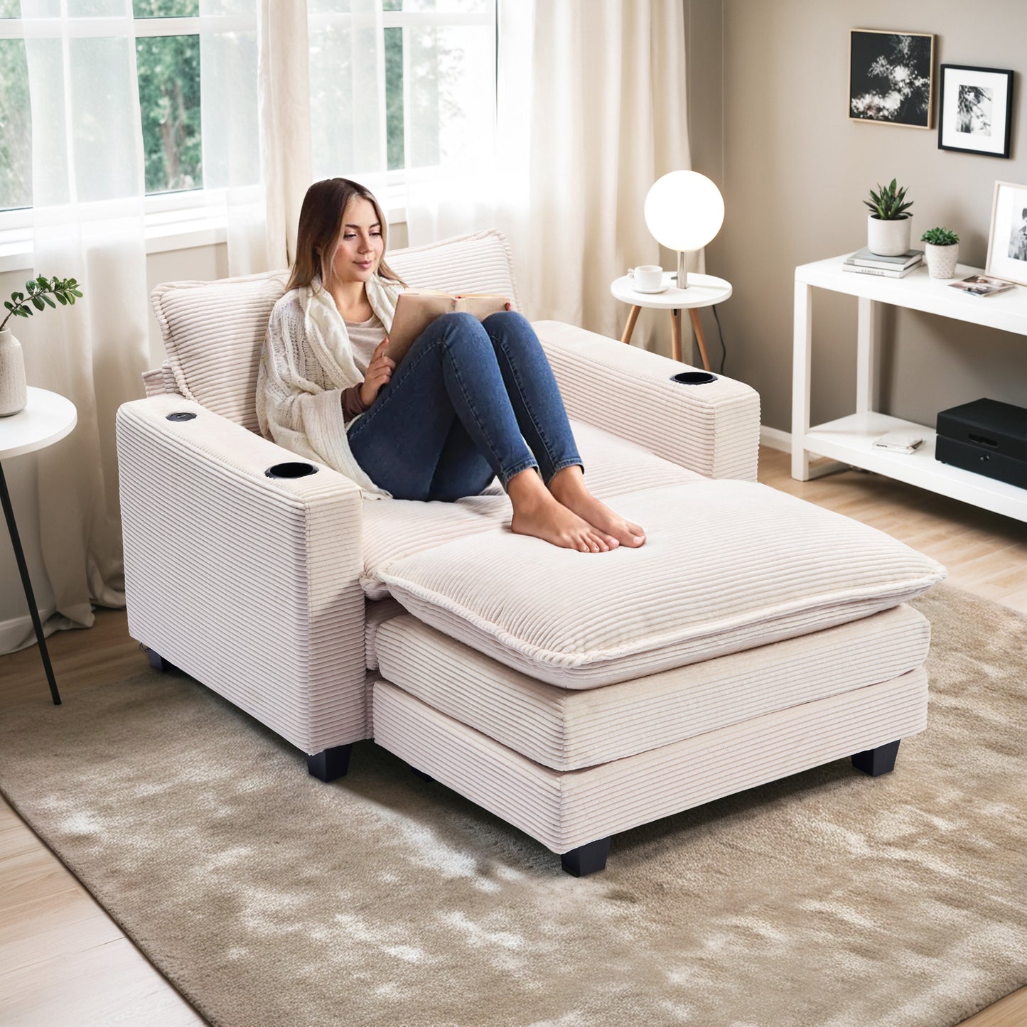 Muumblus 41.7" Oversized Lounge Accent Chair with Ottoman, Indoor Comfy Corduroy Armchair with USB, Beige