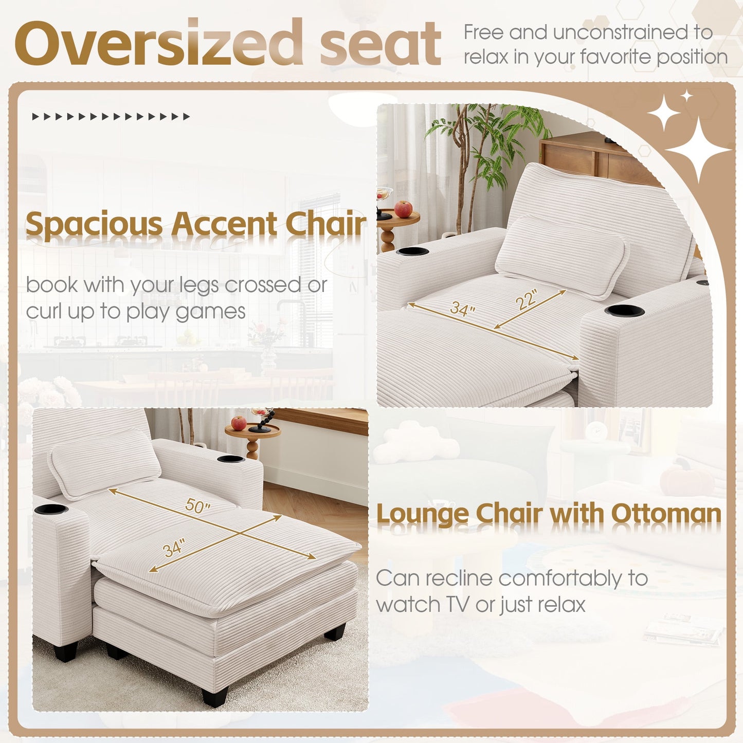 Muumblus 41.7" Oversized Lounge Accent Chair with Ottoman, Indoor Comfy Corduroy Armchair with USB, Beige