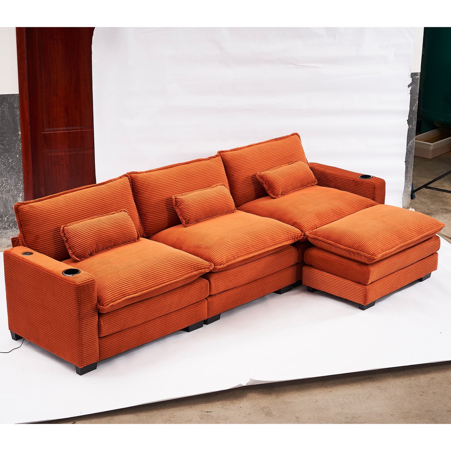 Muumblus 117.7" Corduroy Sectional Sofa with Reversible Ottoman, L-Shaped Couch with Chaise, 3-Seater Sleeper Couch for Living Room, Gray