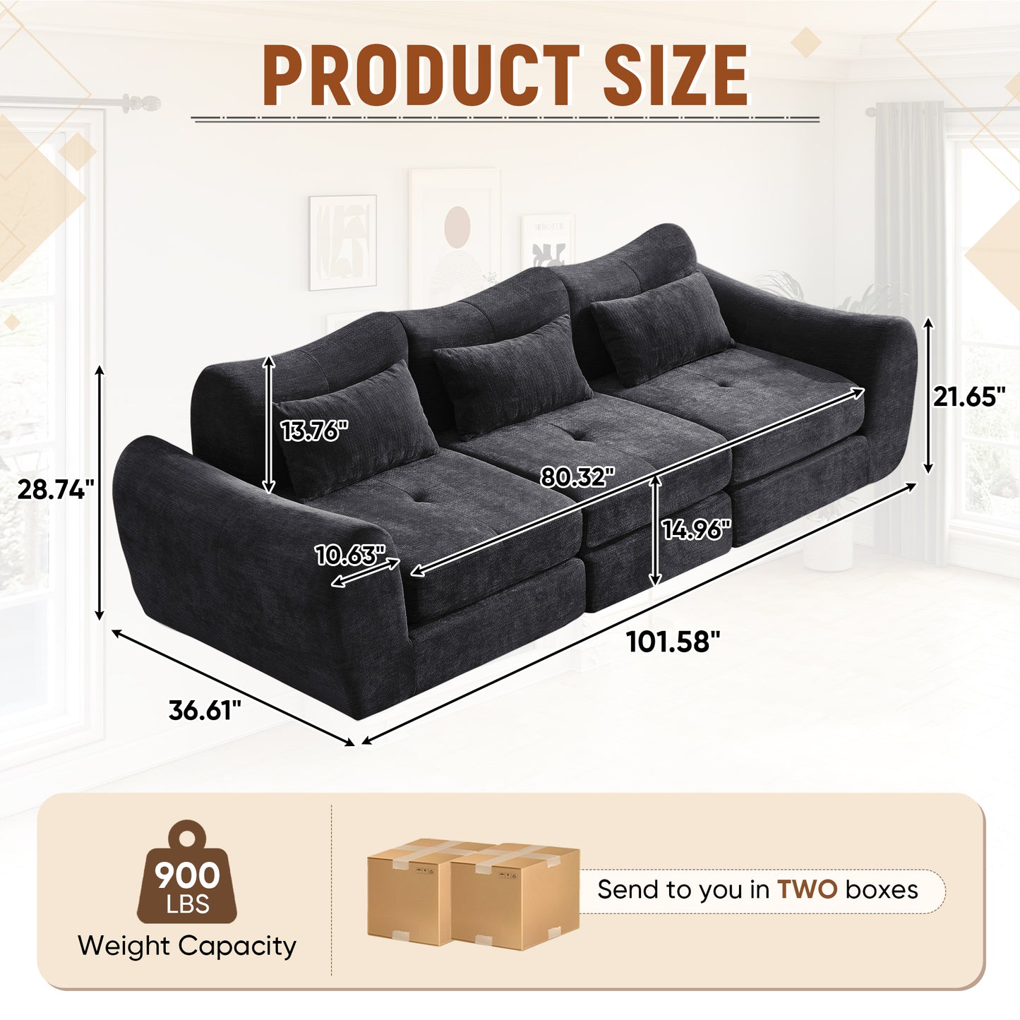 Muumblus 101.6" Modular Sectional Sofa, Convertible Floor Sofa Sleeper Bed, Modern Boneless Cloud Sectional for Living Room, Black Chenille