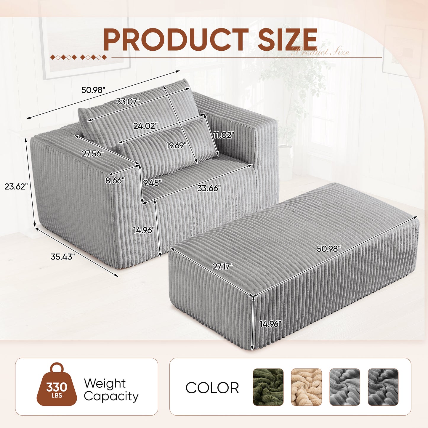 Muumblus Accent Chair with Movable Ottoman, Oversized Indoor Chaise Lounge Chair, No Assembly, Boneless Corduroy Cloud Sofa for Living Room, Gray