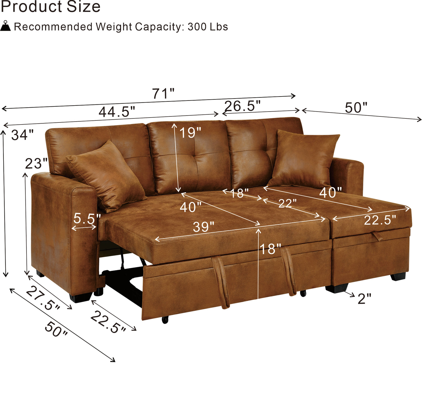 Muumblus Convertible Pull Out Sofa Bed, L-Shaped Sectional Sleeper Couch with Storage Chaise, Vintage Faux Leather Look, Brown Polyester Fabric