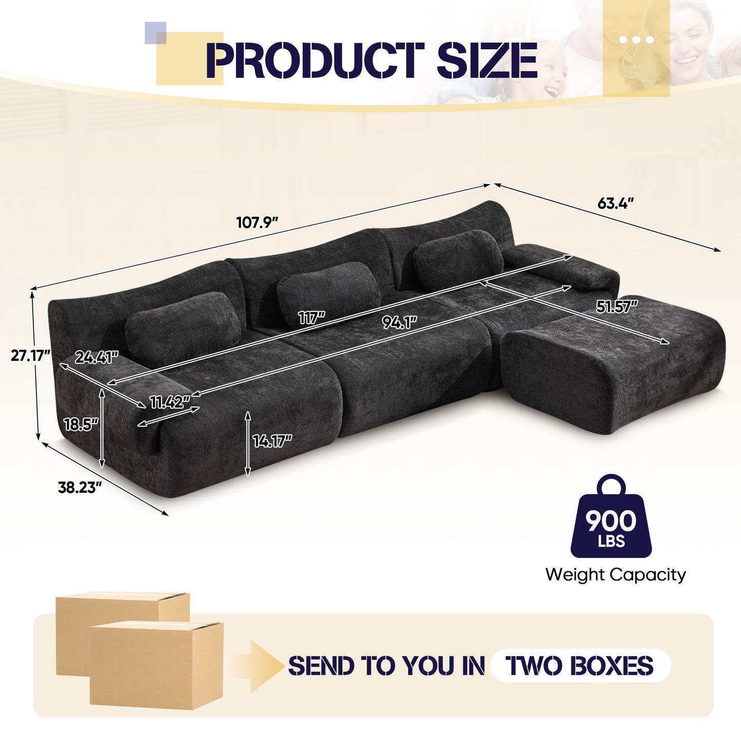 Muumblus Modular Sectional Sofa with Movable Ottoman, Oversized L-Shaped Cloud Sofa with Chaise, Boneless Deep Seat Living Room Couch, Black Chenille
