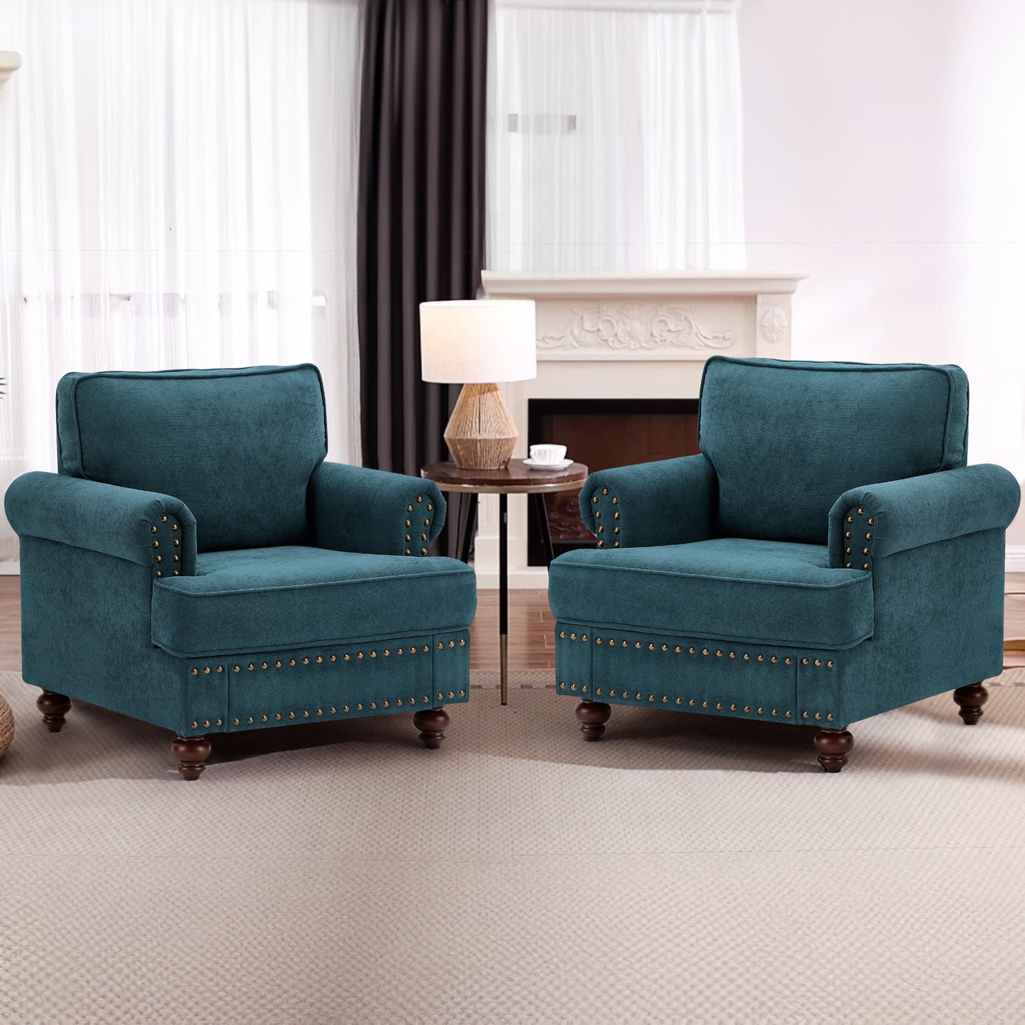 Muumblus 38" W Mid-Century Single Sofa Accent Chair with Nailhead, Chenille Comfy Upholstered Club Armchair for Living Room, Lake Green