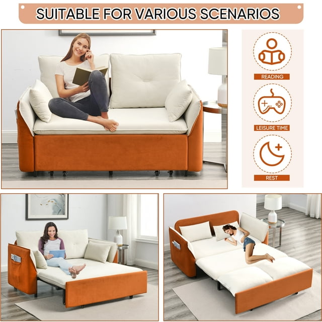 Muumblus 57" Pull Out Sofa Bed, Convertible Adult Sleeper Sofa Bed with Cushions&Throw