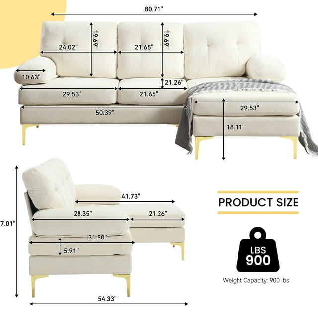 Muumblus L Shaped Sectional Sofa, 83" Chenille Fabric Upholstered Tufted Couch, 3 Seats Wide Chaise Lounge for Living Room, Beige