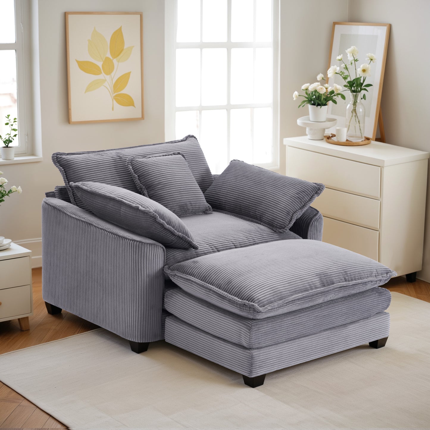 Muumblus 46" Indoor Lounge Chair with Ottoman, Corduroy Cozy Accent Armchair for Living Room, Beige