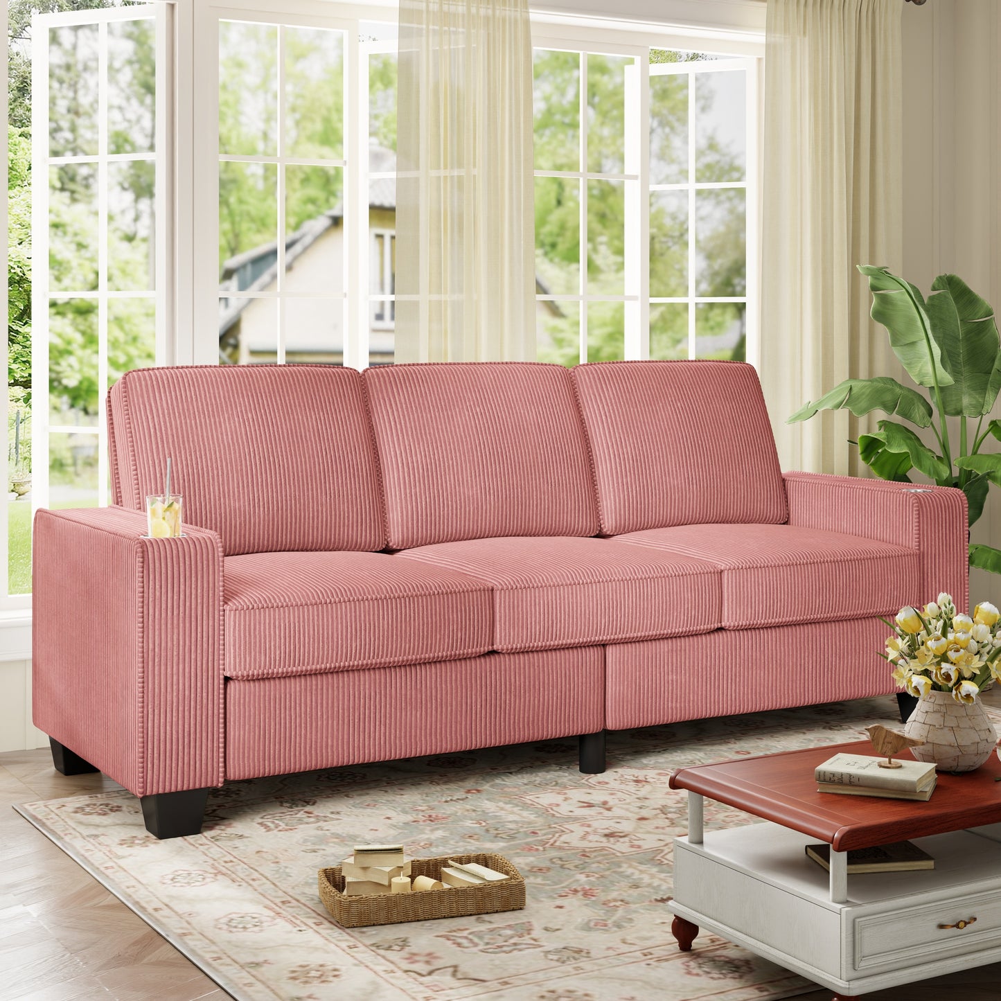 Muumblus 83.5" Living Room Sofa with Cup Holders, Cozy Plush Upholstered Couch, Corduroy Sofa 3-Seater, Black