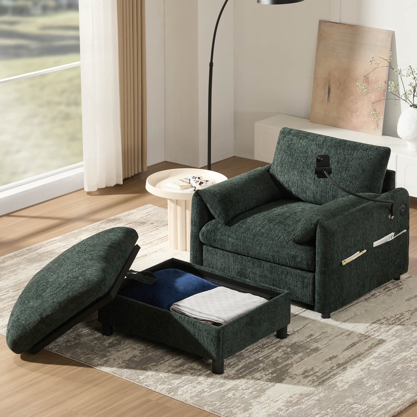 Muumblus Accent Armchair with USB & Phone Stand, Lounge Chair with Storage Ottoman, Indoor Chaise Lounge, Cozy Single Sofa for Living Room, Apt, Beige Chenille