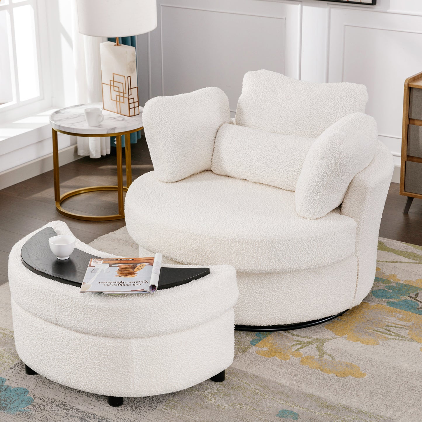 Muumblus Oversized Swivel Accent Barrel Chair with Storage Ottoman, Comfy Round Read Armchair for Living Room, Ivory