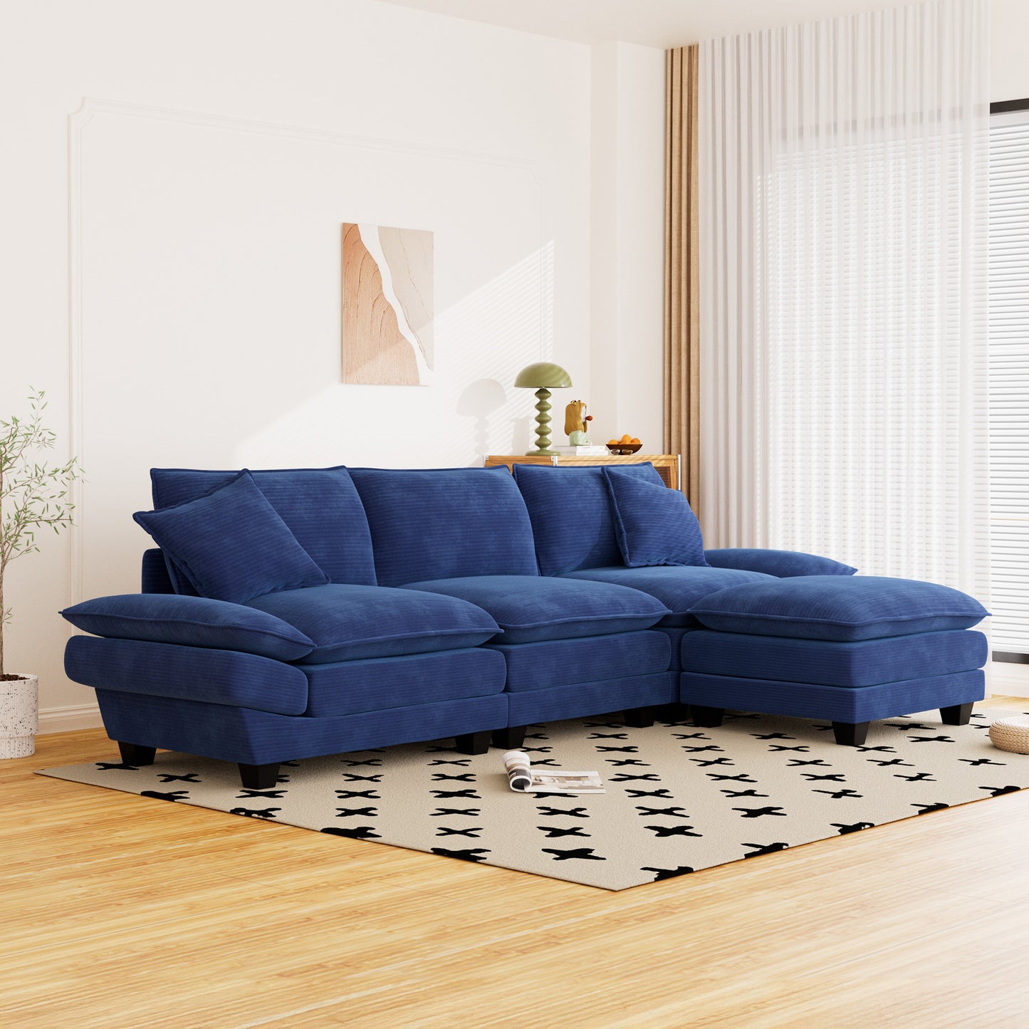 Muumblus 108" Modular Sectional Sofa with Ottoman, L-Shaped Couch with Chaise, Corduroy Sleeper Couch for Living Room, Black