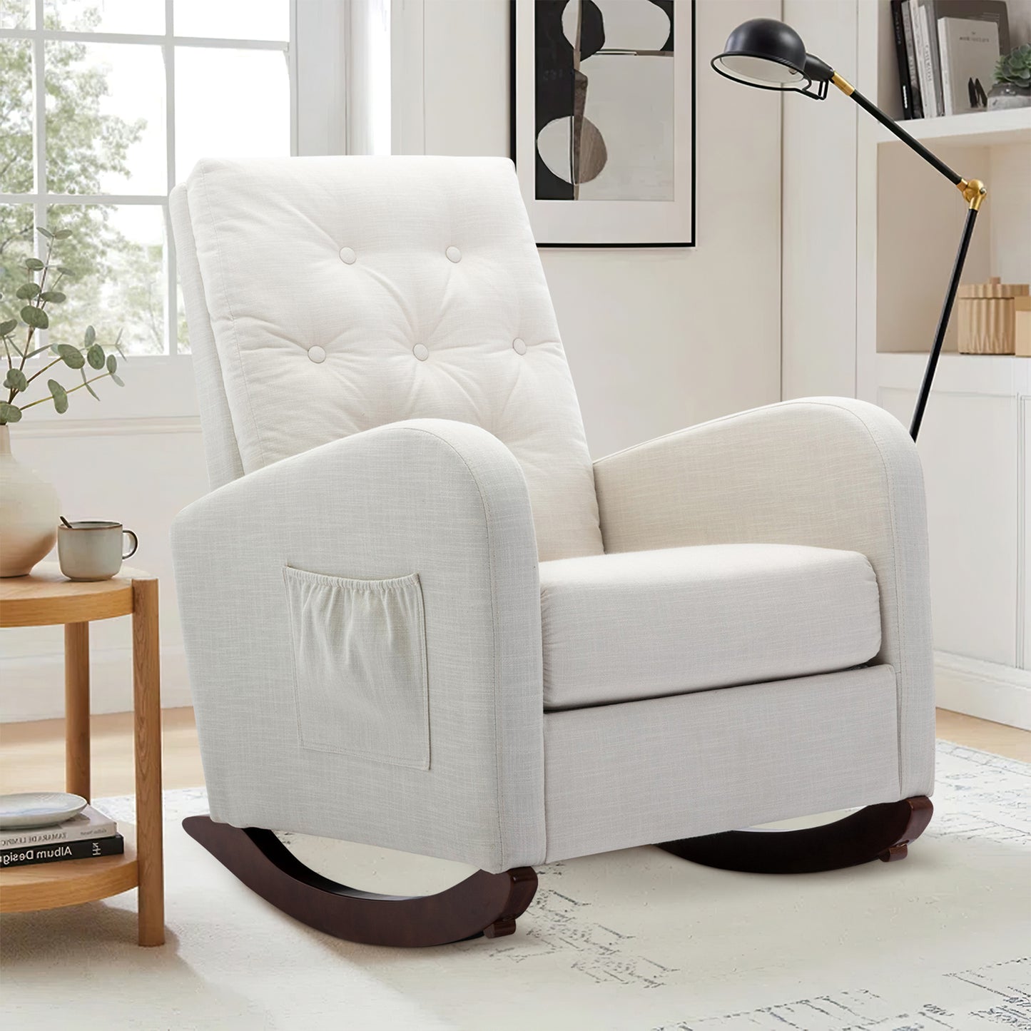 Muumblus Glider Rocker for Living Room, Rocking Chair for Nursery, Tufted High Back, Beige Linen