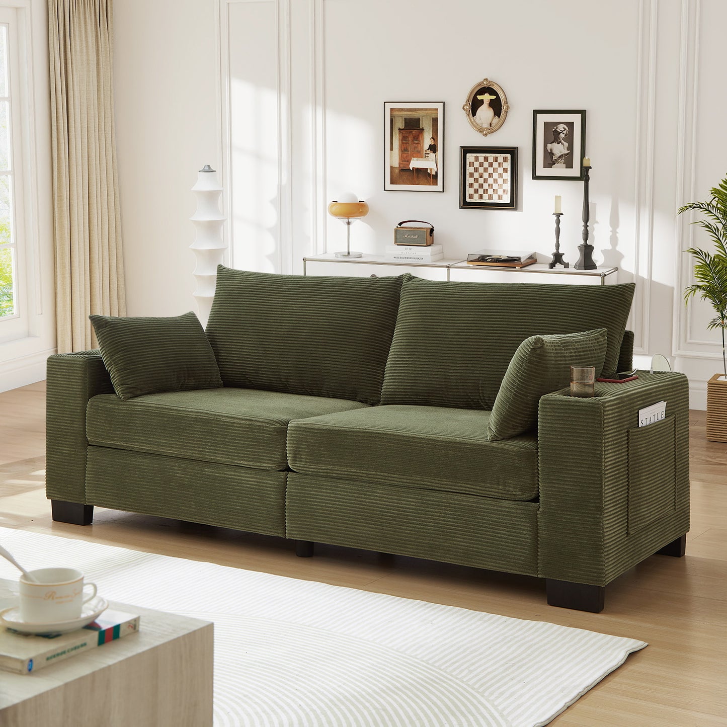 Muumblus 78"L Corduroy Sofa with USB & Cup Holders & Pockets, Deep Seat Living Room Upholstered Sofa, Black