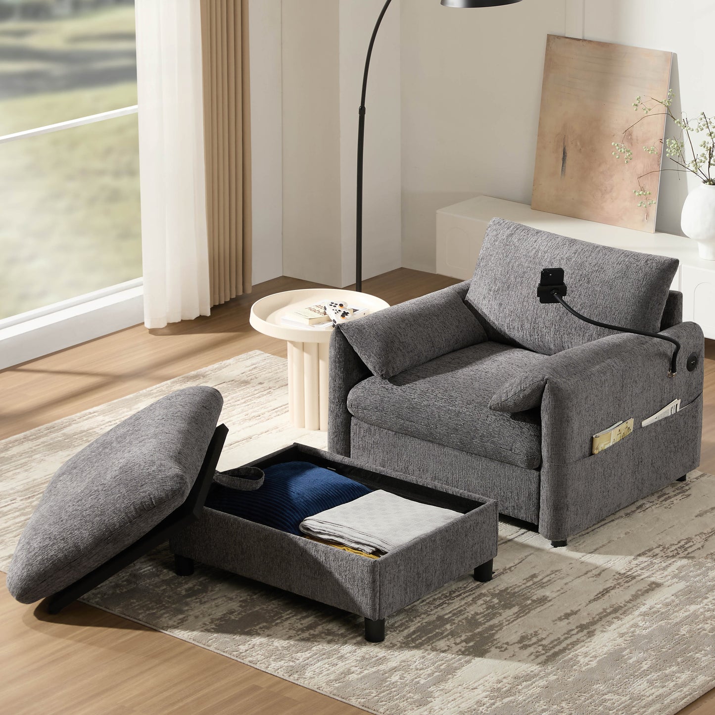 Muumblus Accent Armchair with USB & Phone Stand, Lounge Chair with Storage Ottoman, Indoor Chaise Lounge, Cozy Single Sofa for Living Room, Apt, Beige Chenille