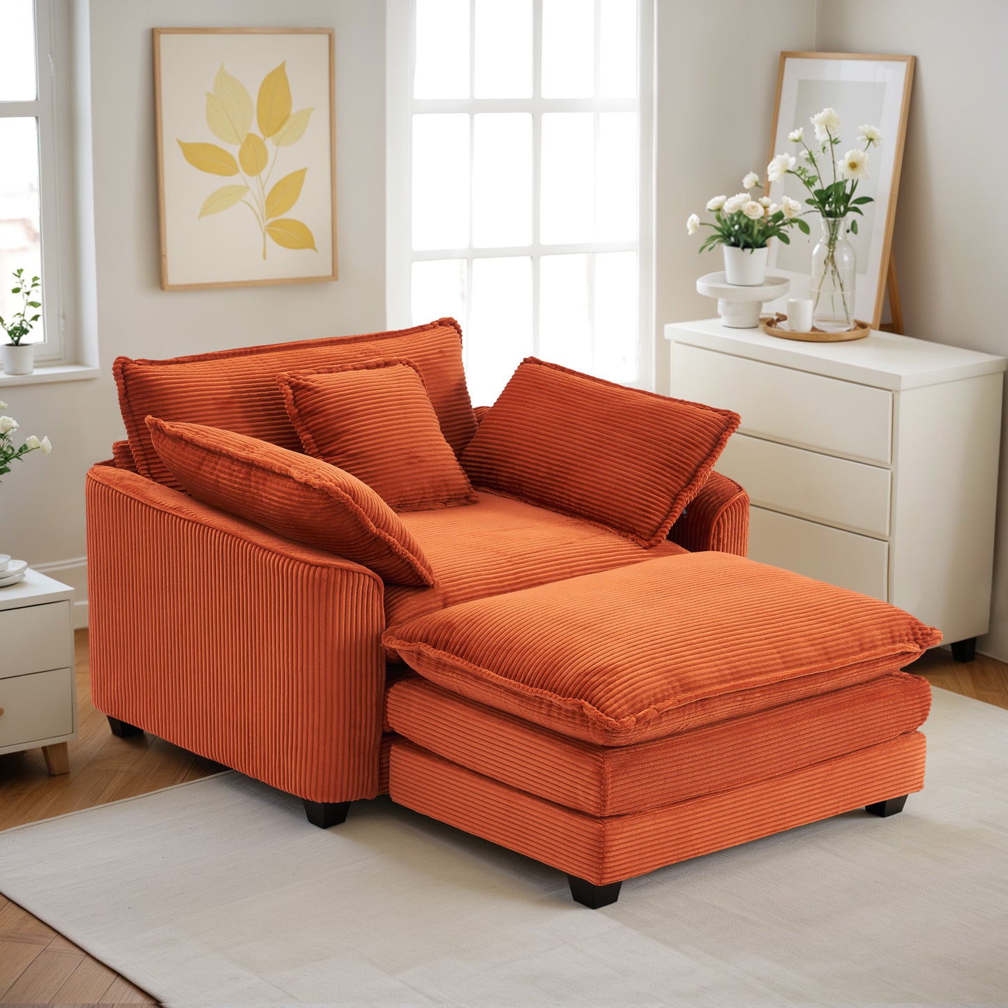 Muumblus 46" Indoor Lounge Chair with Ottoman, Corduroy Cozy Accent Armchair for Living Room, Beige