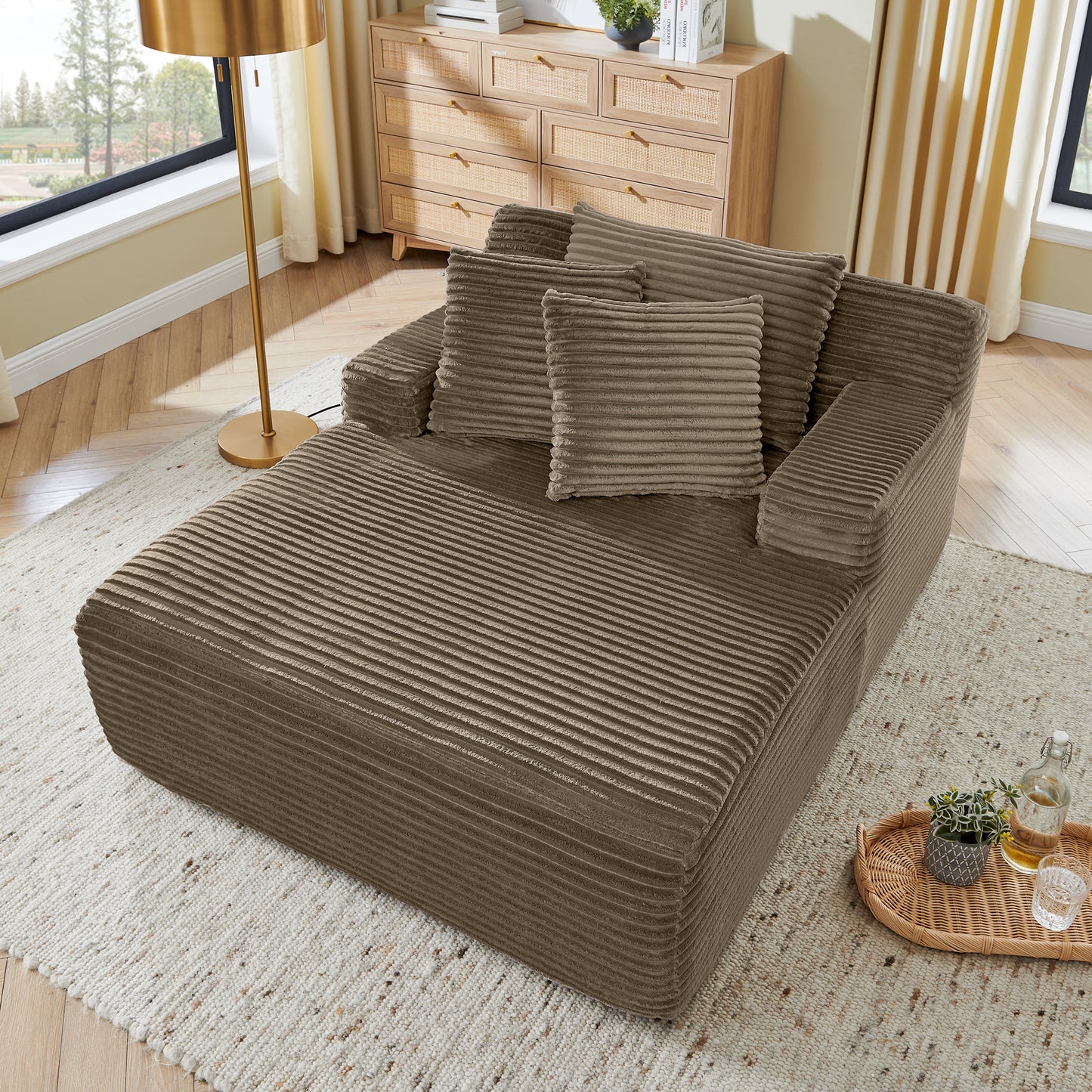 Muumblus Oversized Chaise Lounge Chair, No Assembly Required, Cozy Corduroy Sofa Bed for Living Room, Beige