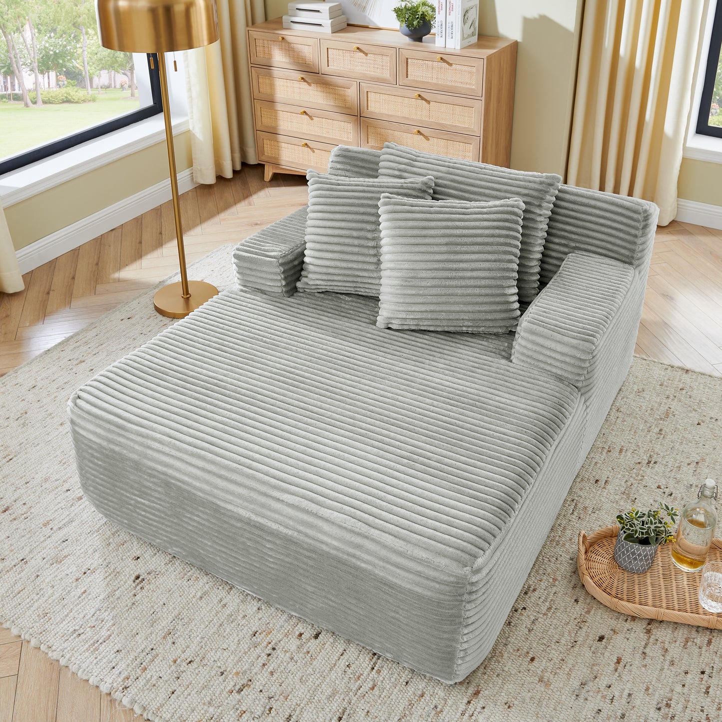 Muumblus Oversized Chaise Lounge Chair, No Assembly Required, Cozy Corduroy Sofa Bed for Living Room, Beige