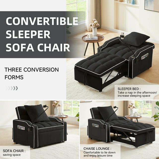 Muumblus Sleeper Sofa Chair Bed with Swivel Phone Stand, Cup Holders, 3-in-1 Convertible Pull Out Sofa Bed for Living Room, Black Velvet
