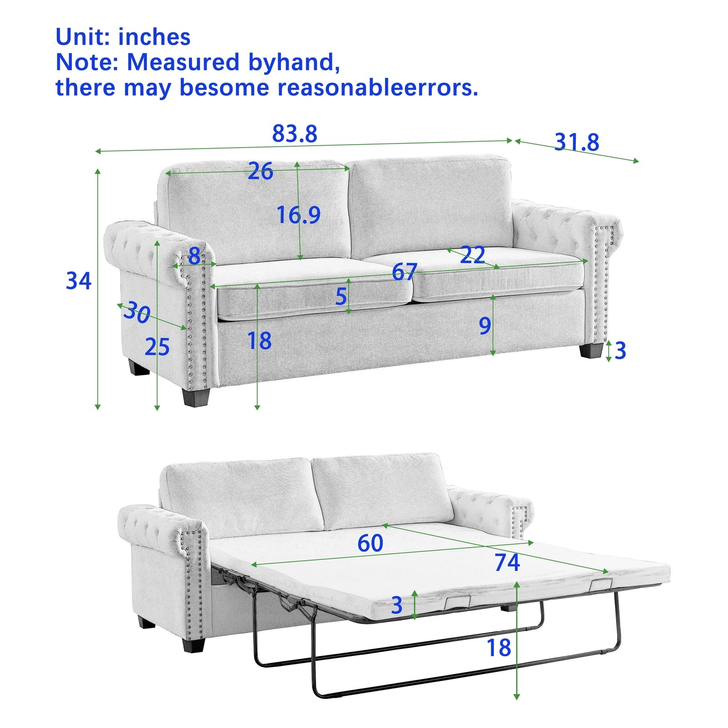 Muumblus Queen Size Sleeper Couch Bed with Memory Foam Mattress, 2-in-1 Convertible Pull Out Sofa Beds for Living Room, Bedroom