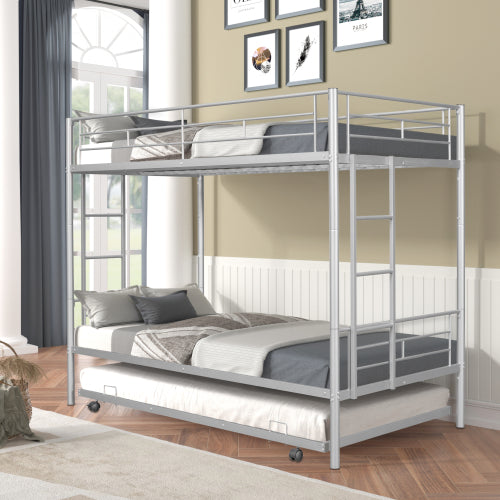 Muumblus Twin Over Twin Bunk Bed with Trundle, Metal Bed Frame with Safety Guard Rail and Ladders, Space Saving Design Bedroom Bunk Bed for Kids and Adults, M925