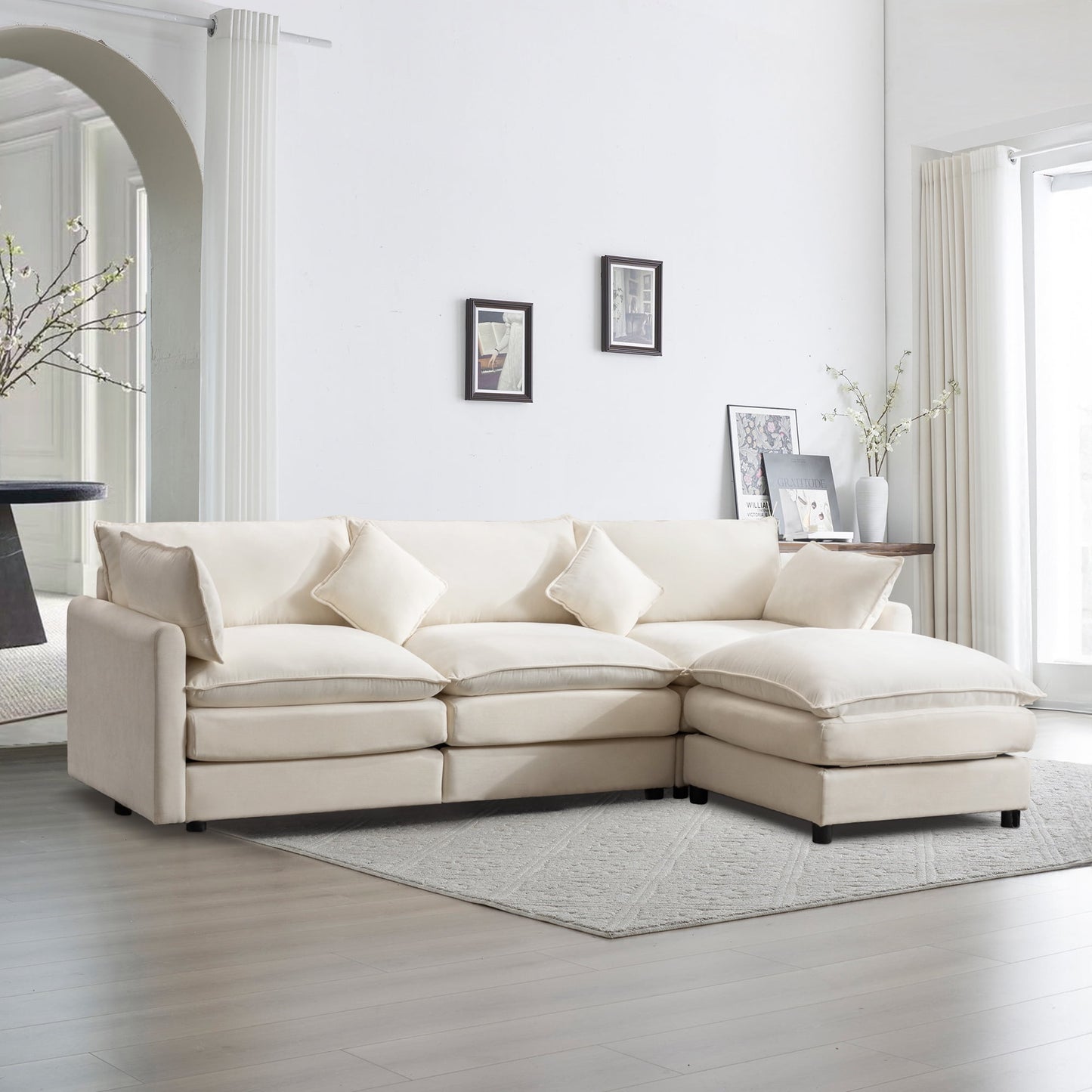 Muumblus Sectional Sofa Cloud Couch with Reversible Ottoman, L-Shaped Chenille Sofa for Living Rooms, Beige