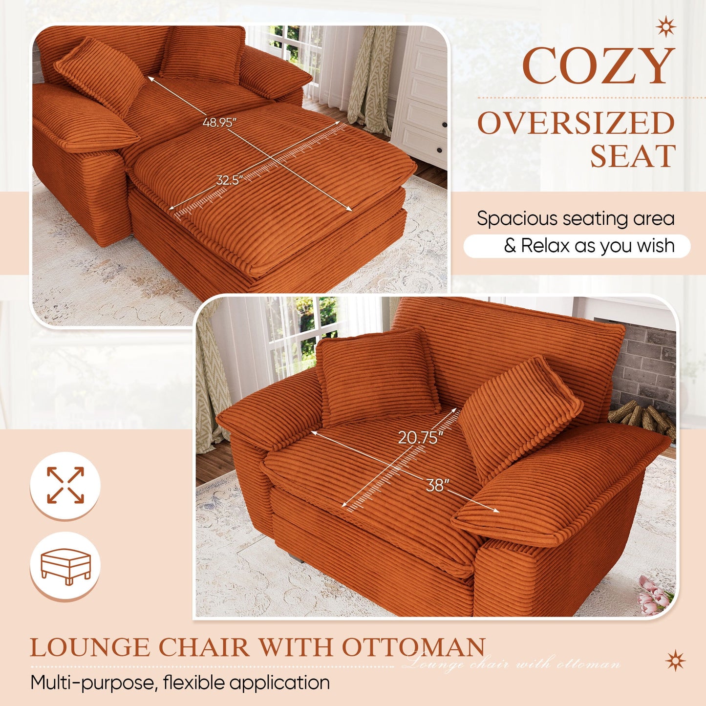 Muumblus Oversized Accent Chair with Ottoman, 48" Indoor Chaise Lounge Cloud Sofa Reading Armchair for Modern Living Room, Bedroom