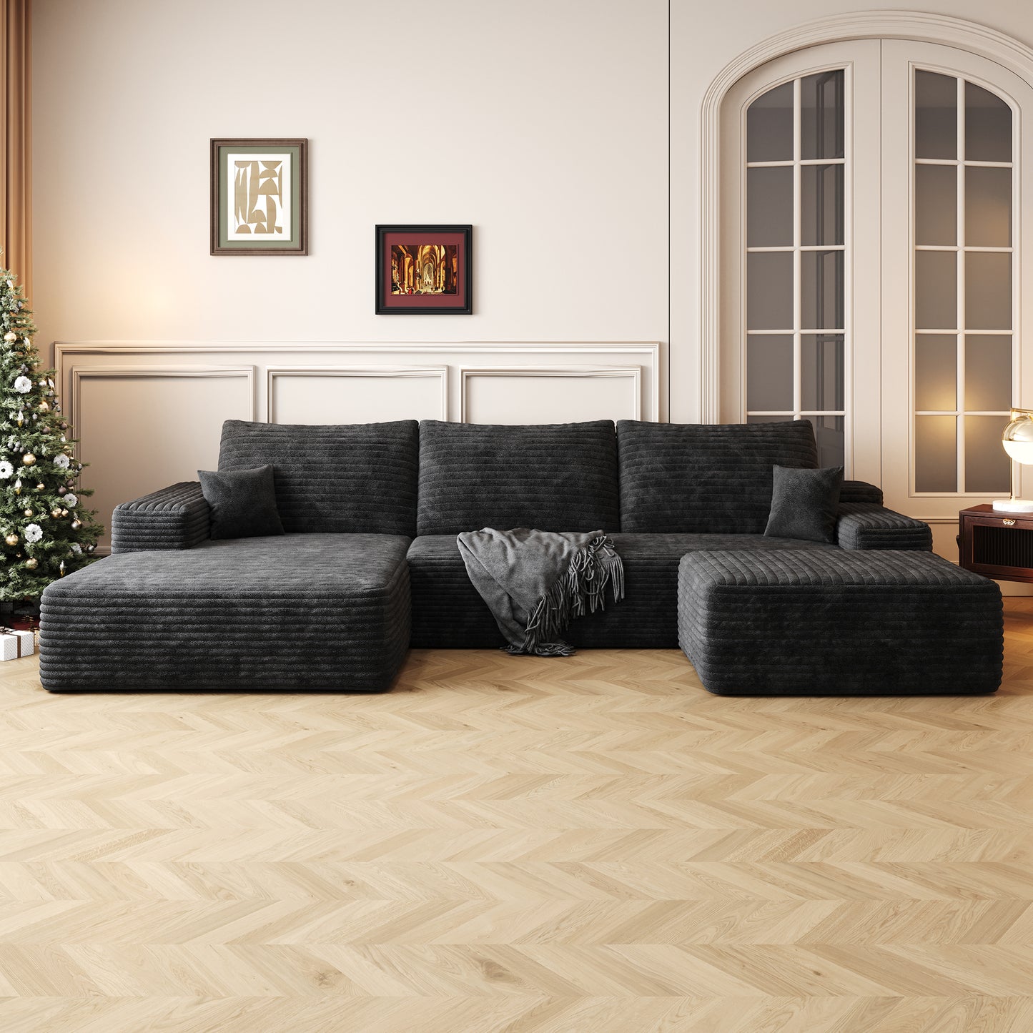 Muumblus 107" Cloud Sectional Sofa with Left Chaise, Cozy U-Shaped Modular Sofa with Ottoman, Plush Corduroy Sleeper Bed Couch, No Assembly Required, Black