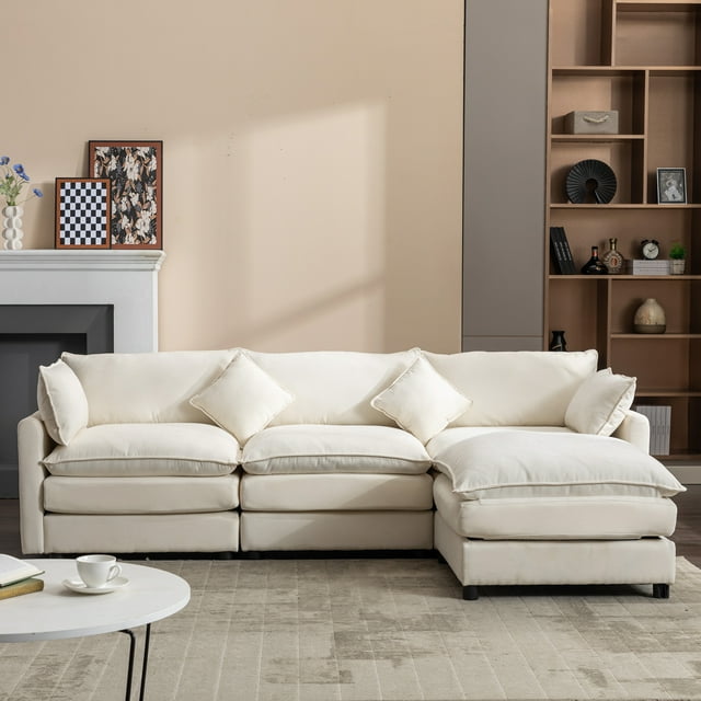 Muumblus L-Shaped Sectional Sofa with Reversible Ottoman, Chenille Modular Cloud Sofa for Living Room, Biege