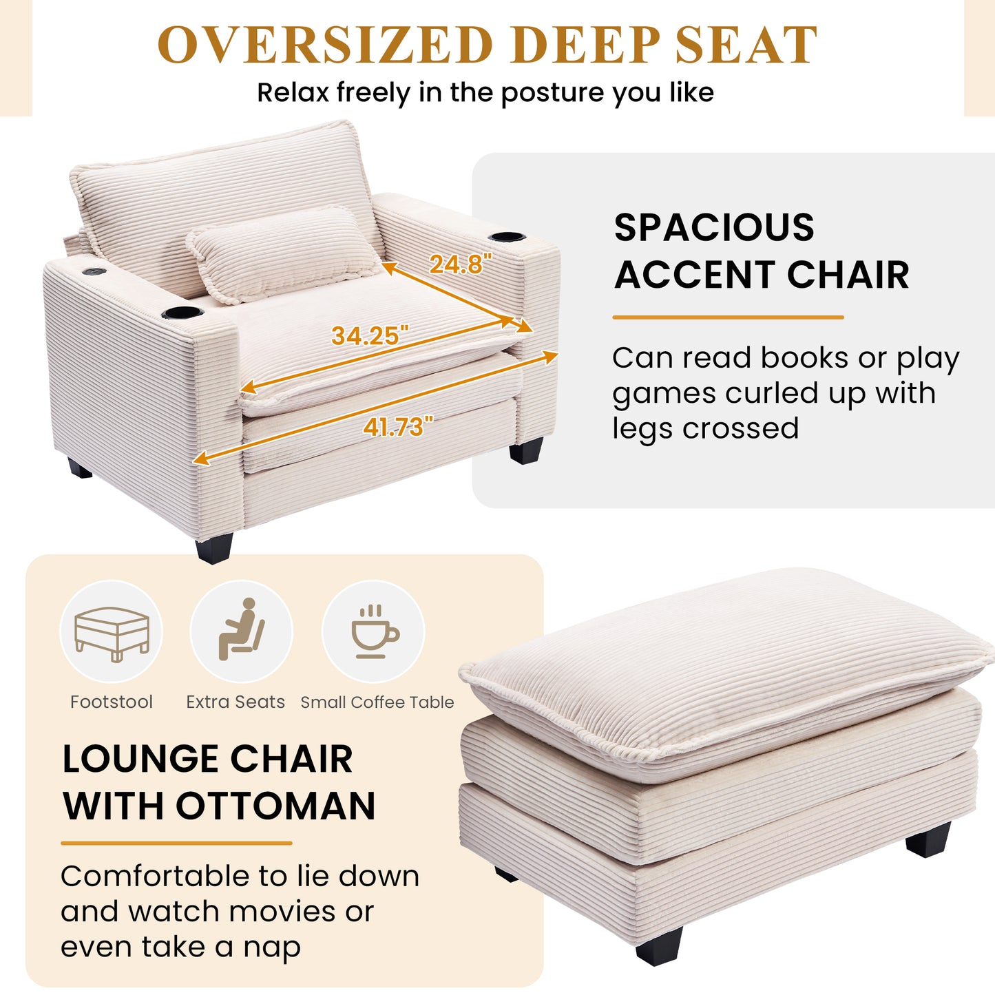 Muumblus 41.7" Oversized Lounge Accent Chair with Ottoman, Indoor Comfy Corduroy Armchair with USB, Beige