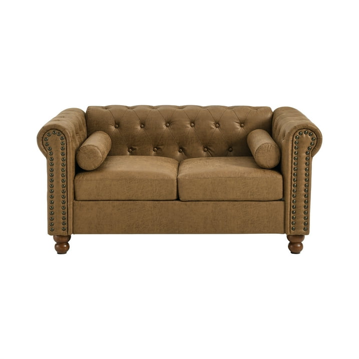 Muumblus 58" Loveseat Sofa for Living Room, Chesterfield Tufted Small Couch in Brown Faux Leather