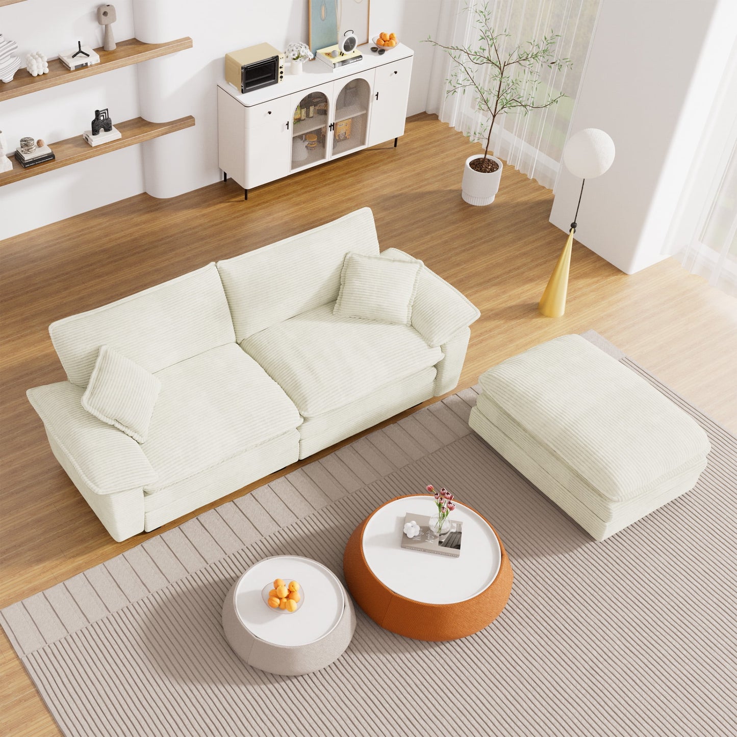 Muumblus Modular Sectional Cloud Couch with Reversible Ottoman, Oversized 2 Seats L-Shaped Corduroy Sofa for Living Room, 80.5 " Beige
